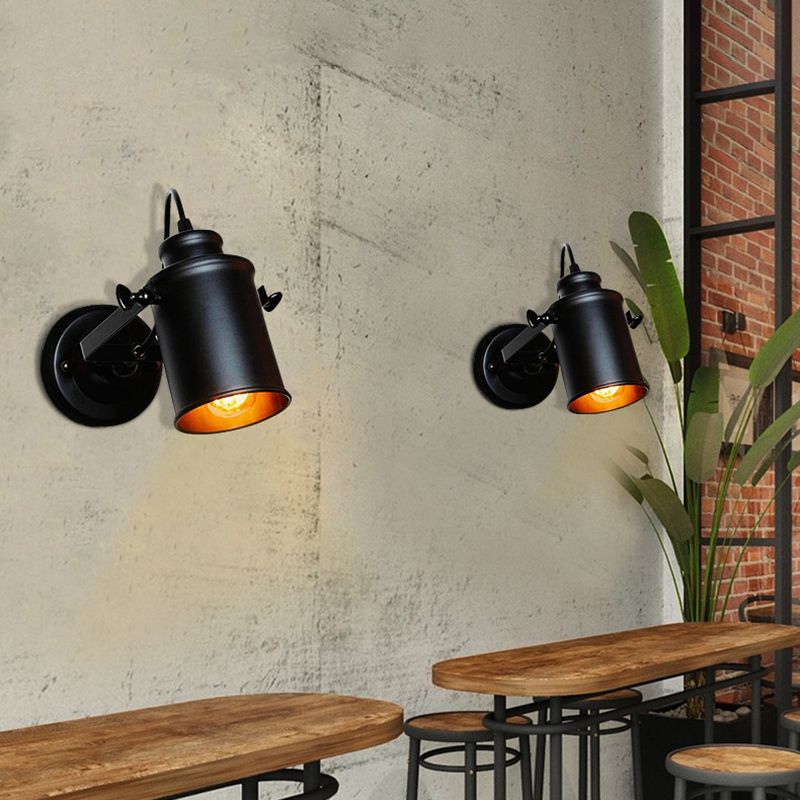Winkel einstellbarer industrieller Wandlampe 1-Licht Metallzylindrischer Schatten Vintage Leuchten in Schwarz in Schwarz