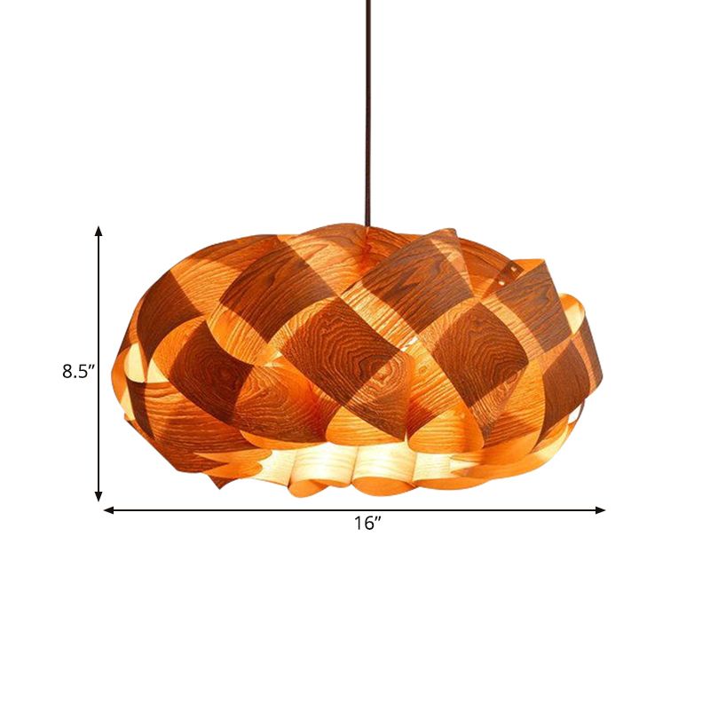 Asian Drum Shade Hanging Pendant Stranded-Weaving Wood Single Hotel Ceiling Light Fixture in Beige