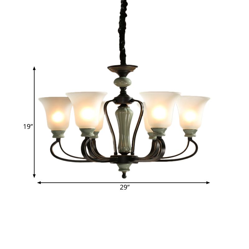 6/8 Heads Frosted Glass Chandelier Traditional Black Finish Bell Living Room Pendant Light Kit with Swirl Arm