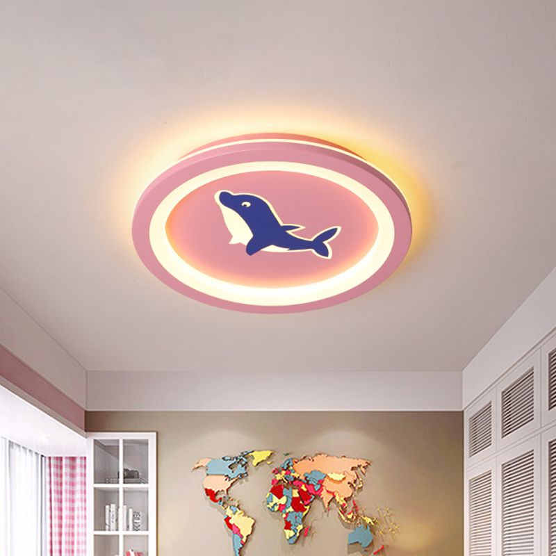 Simplicity LED Flush Mount Lamp with Acrylic Shade Pink Round Dolphin Pattern Flush Ceiling Light for Living Room, Warm/White Light