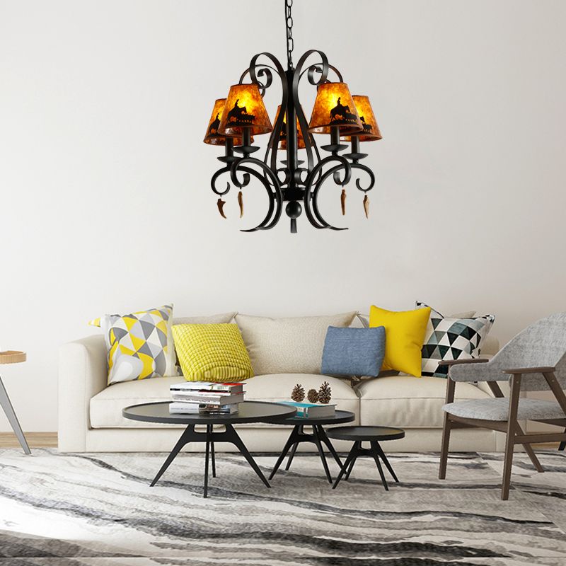 5 ampoules salle à manger lampe de plafond country métal métal noir de lustre noir avec une teinte en tissu cône