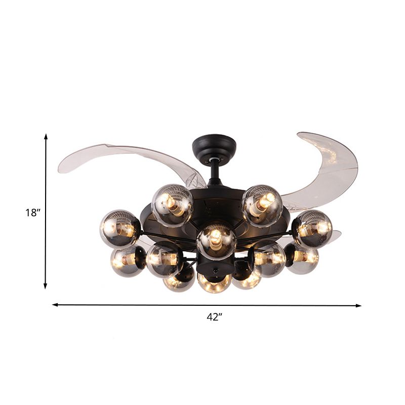 42" Wide 12-Light Clear Glass Semi Flush Lamp Vintage Black Ball Living Room Pendant Fan Light wtih 4 Clear Blades, Wall/Remote Control