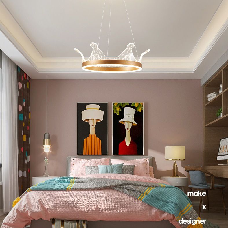 Minimalist LED Suspension Light Gold Crown Shaped Chandelier with Acrylic Diffuser