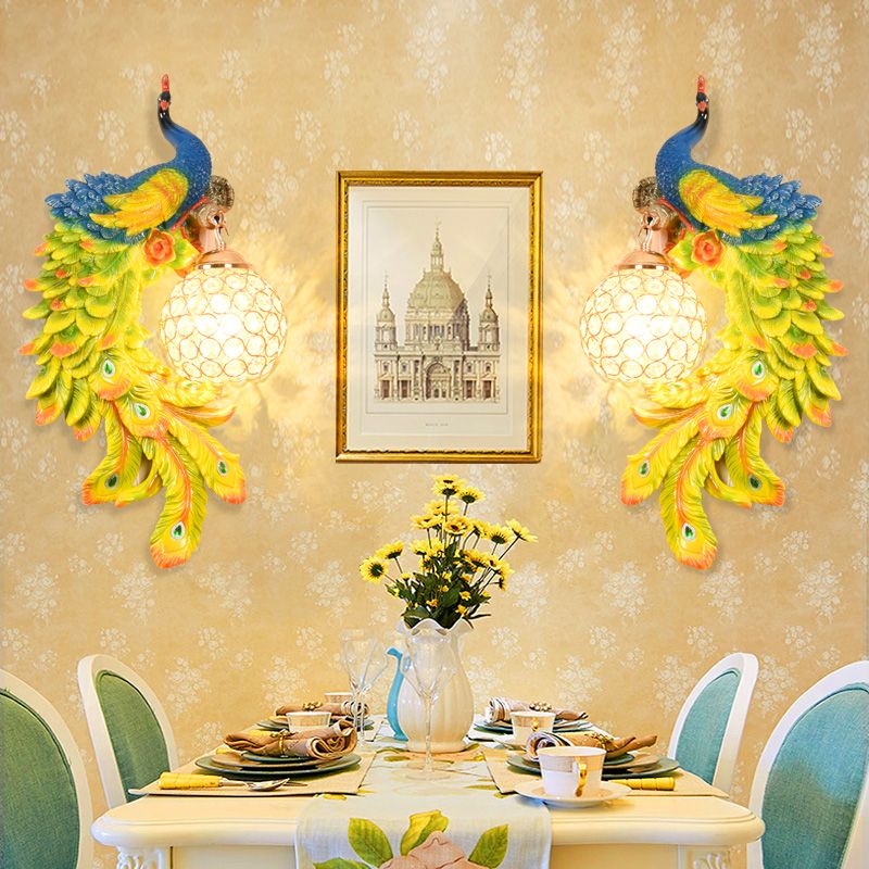 Double/Right/Left Peacock Wall Lamp Country Resin 1 Bulb Sconce Light Fixture with Clear Crystal Shade in White/Blue Finish, 1/2-Pack