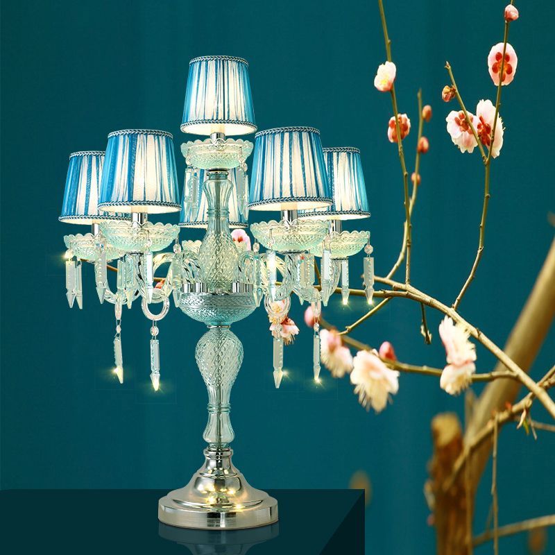 Kristalblauw nachtkastje lamp kandelaar 5/6/7 bollen traditionele slaapkamer tafellicht met vat stof schaduw