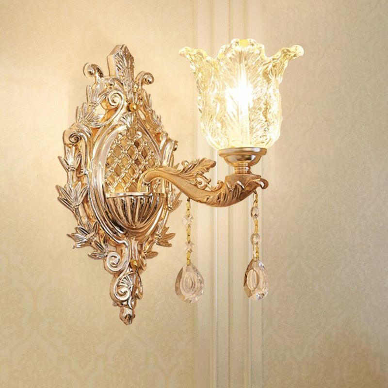 Single Ruffle Glass Wall Light Traditional Gold Floral Shade Bedroom Wall Mounted Lamp