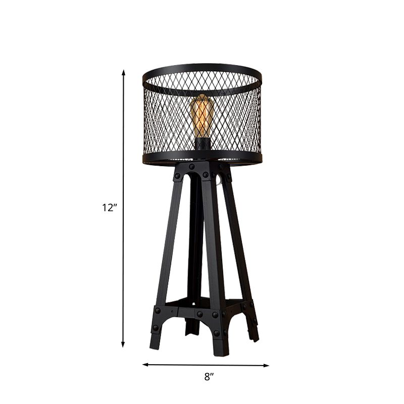 Drum Mesh Metal Shade Table Lighting Retro Stylish 1 Light Farmhouse Standing Floor Light with Tripod Design in Black