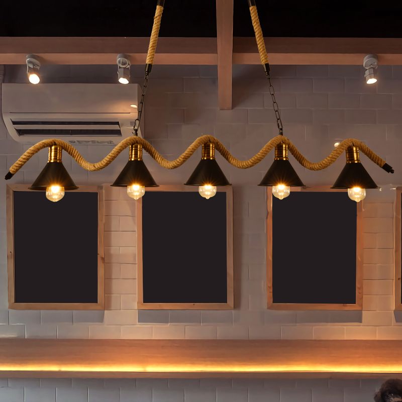 Metallic Island Pendant Lamp Industrial Black Geometry Dining Room Hanging Light Fixture with Jute Rope Cord