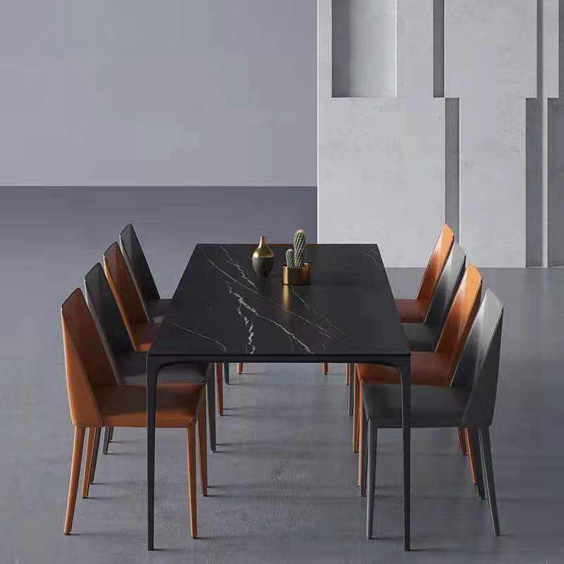 Modern Sintered Stone Black Dining Table Set with Rectangle Table and Metal Base Formal Dining Set