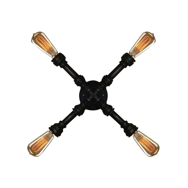 4 Lampen x -förmige Wandbeleuchtung mit Wasserrohr industriell schwarzes Finish Schmiedeeisenleuchte