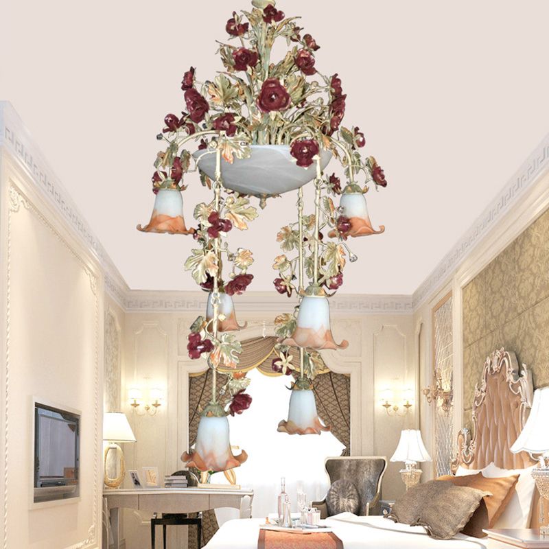 Blossom White Glass Chandelier Lighting Pastoral 10 Bulbs Bedroom LED Suspension Lamp in Pink/Red