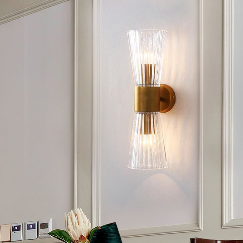 Hourglass Shape Wall Sconce Lighting Postmodern Clear Prismatic Glass 2 Heads Brass Up-Down Wall Lamp