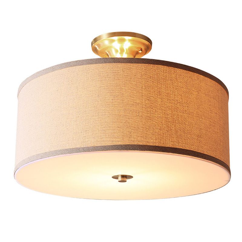 Traditional Drum Shaped Semi Flush Mount Fabric Flush Ceiling Light Fixture in Beige
