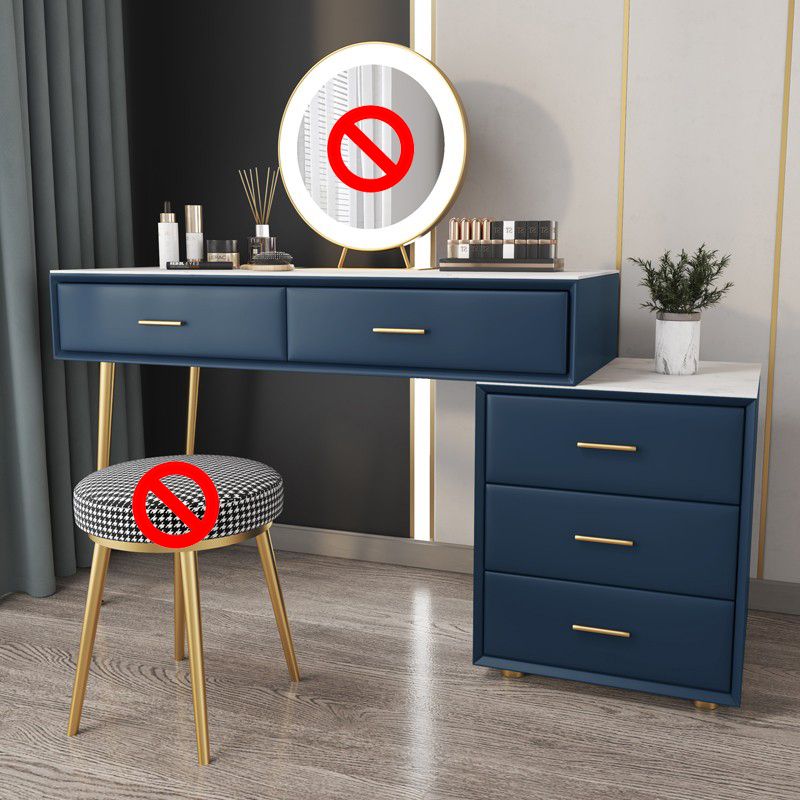 Genuine Leather Vanity Set 5 Storage Drawers Dressing Table with Padded Stool
