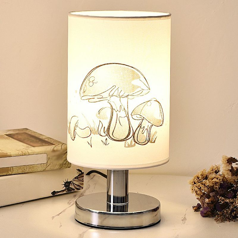 Lampada da comodino cilindrica in tessuto stampato a 1 luce da comodino minimalista in bianco
