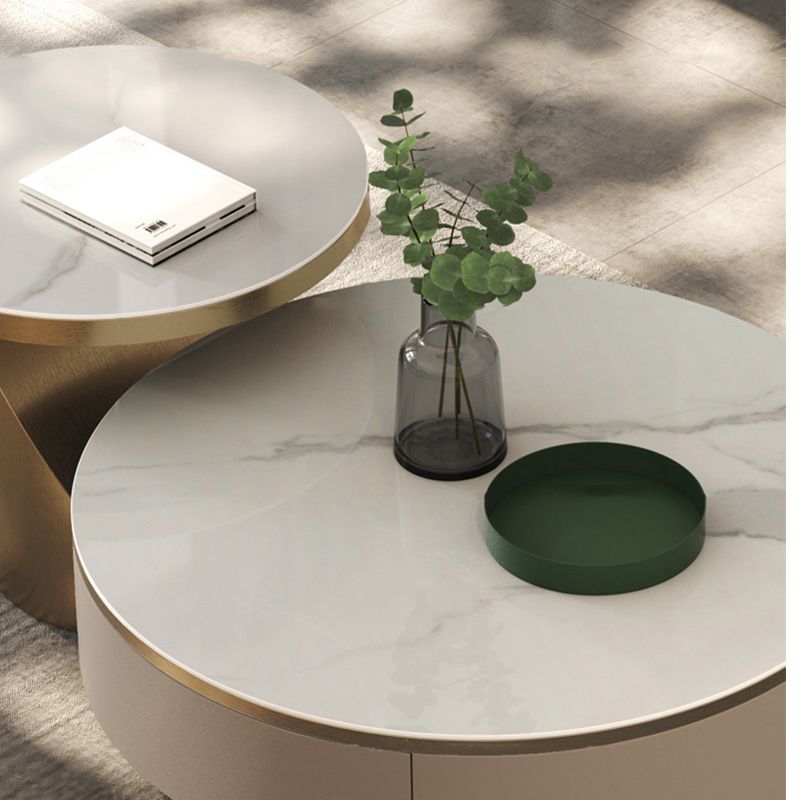 Pedestal Design Grey/gold Slate Top Stainless Steel Pedestal Round Coffee Table