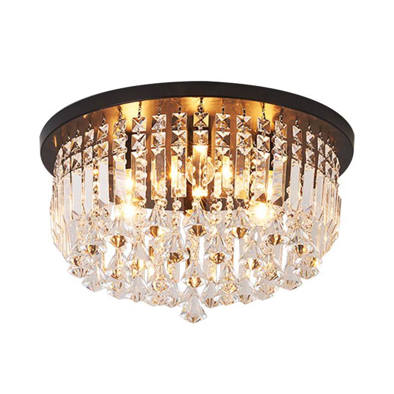 9 Lights Bedroom Flush Light Fixture Contemporary Black Ceiling Lighting with Cascade Crystal Shade