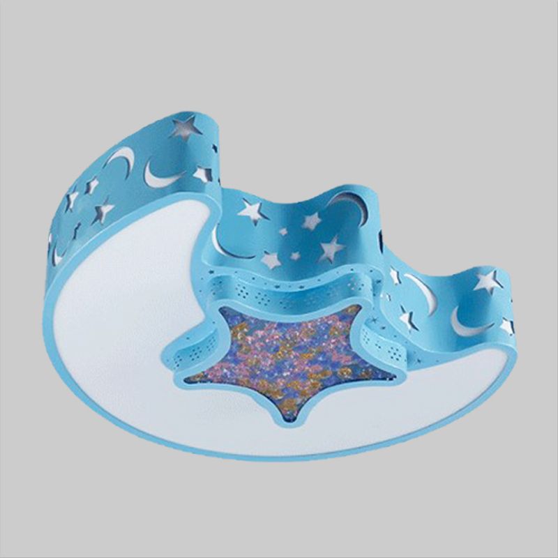 LED Nursery Flush Mount Fixture Simple White/Pink/Blue Ceiling Flush with Star and Moon Acrylic Shade in Warm/White Light