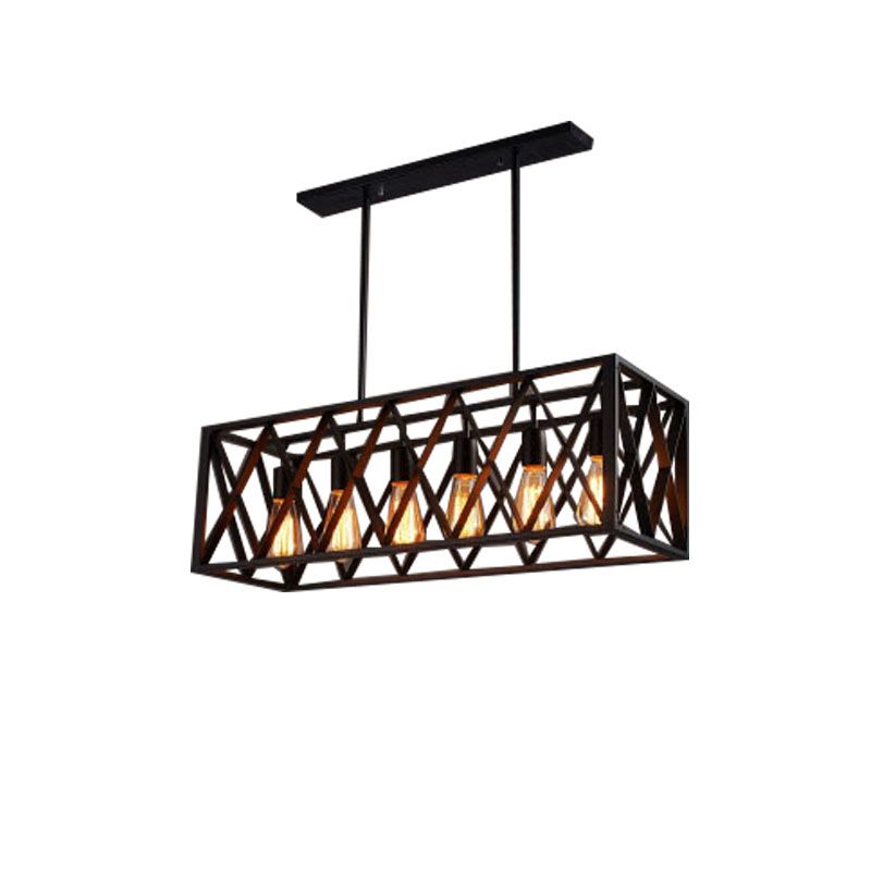 Wrought Iron Black Hanging Light Fixture Rectangular Industrial Style Island Lighting for Bar
