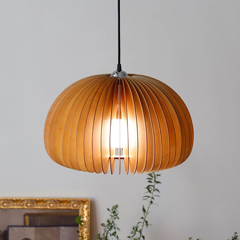 Basswood Pumpkin Shape Pendant Light 1 Light Modern Simplicity Wooden Art Deco Hanging Lamp