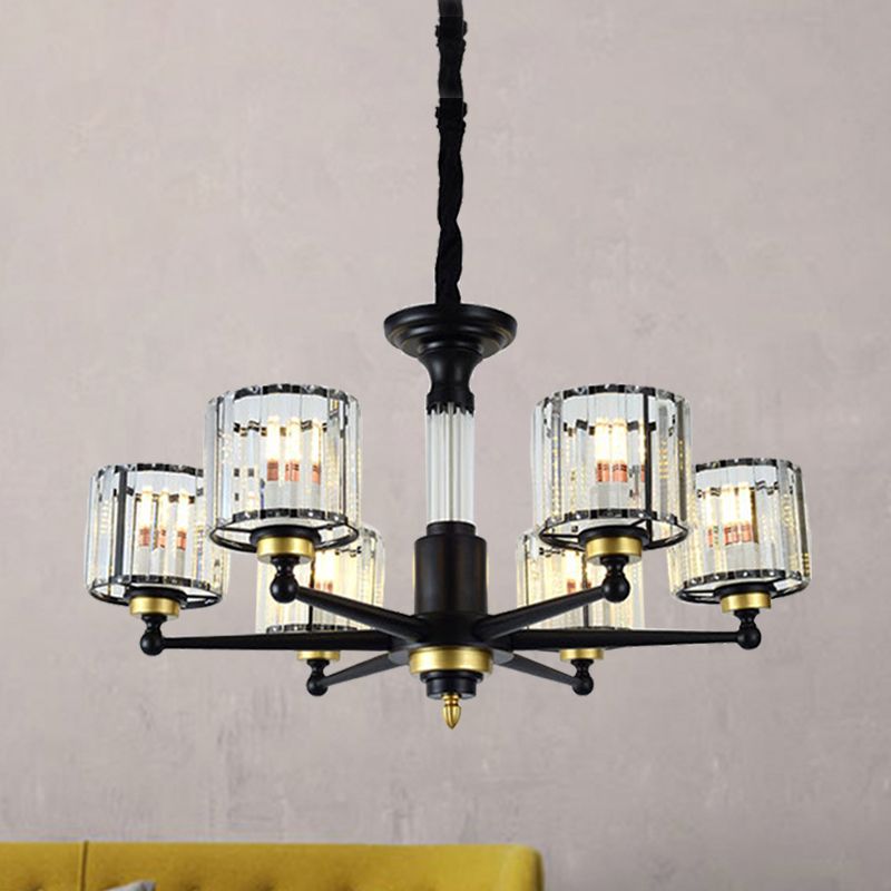 Cylinder Hanging Light Fixture Modern Rectangle-Cut Crystal 6/8 Heads Black Ceiling Chandelier