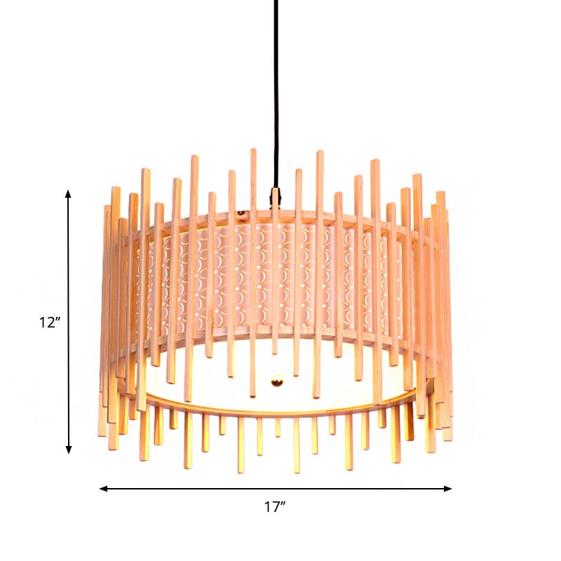 Colgante de suspensión cilíndrica madera retro 1 bulbo beige kit de luz colgante con sombra de PVC blanca interna