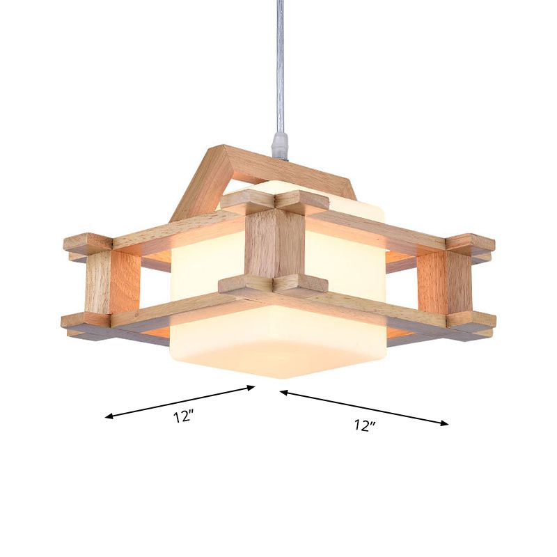 Contemporary Cube Suspension Light with Wood Guard Glass 1 Light Beige Pendant Light for Bedroom