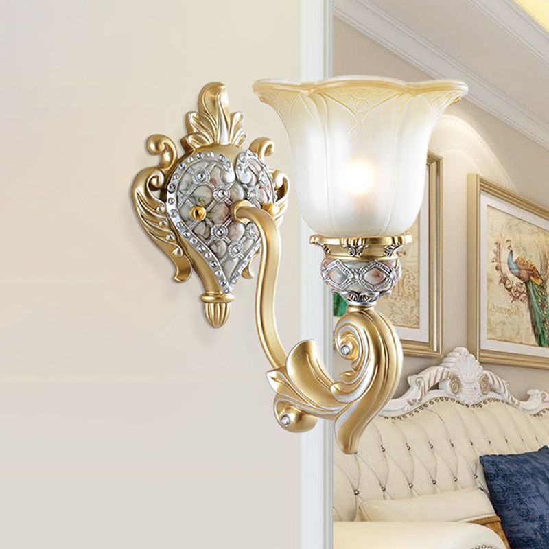 Opal Frosted Glass Gold Sconce Bell 1/2-Bulb Traditional Wall Mounted Light for Living Room