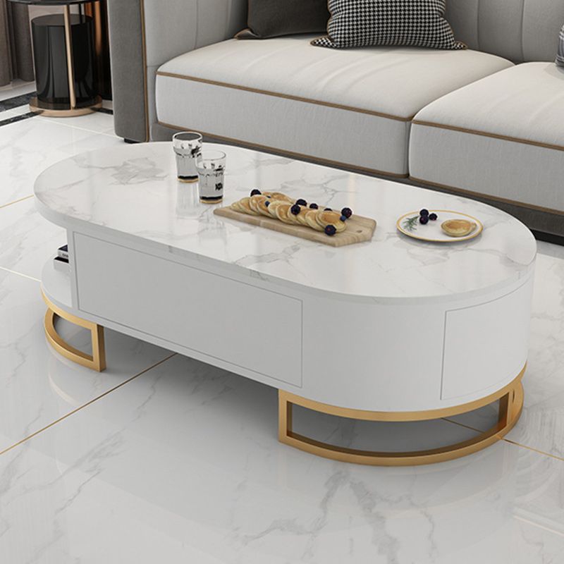 White Glam Pedestal Base Coffee Table with Stone Top and Metal Base