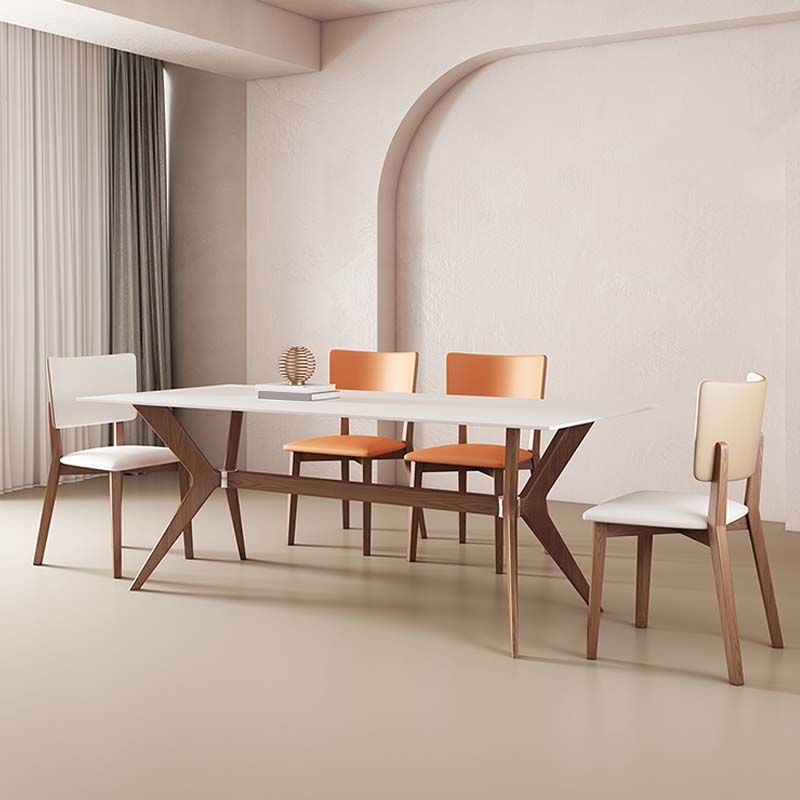White Mid-Century Dining Table Stone Top Table with Wooden Frame for Home
