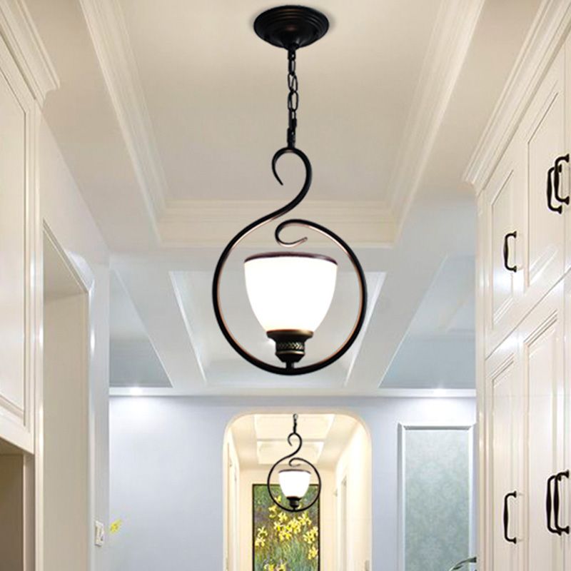 Black Bell Shade Ceiling Light Traditional Opal Glass 1 Head Dining Room Hooded Hanging Pendant Light