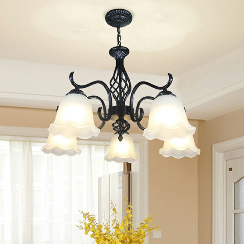 Rustic Bell Shade Ceiling Lighting Cream Glass Chandelier Light Fixture in Black for Bedroom