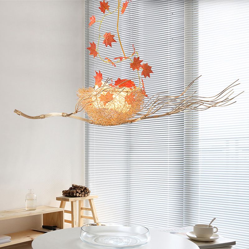 47" W White Glass Ball Chandelier Art Decorative 3-Light Hanging Light Fixture in Gold with Nest and Maple Leaves