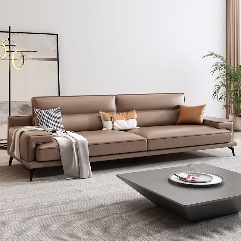 Modern Sewn Pillow Back Cushions Sofa Genuine Leather Square Arm Sofa in Brown