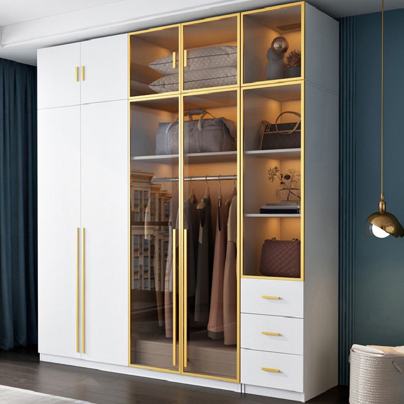 Modern Wood and Glass Wardrobe Freestanding Wardrobe with Soft Close Drawers and Doors