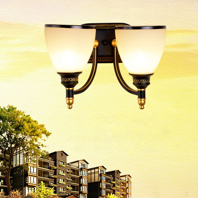 Black Bell Shaped Wall Lamp Rustic White Frost Glass Living Room Wall Light Fixture