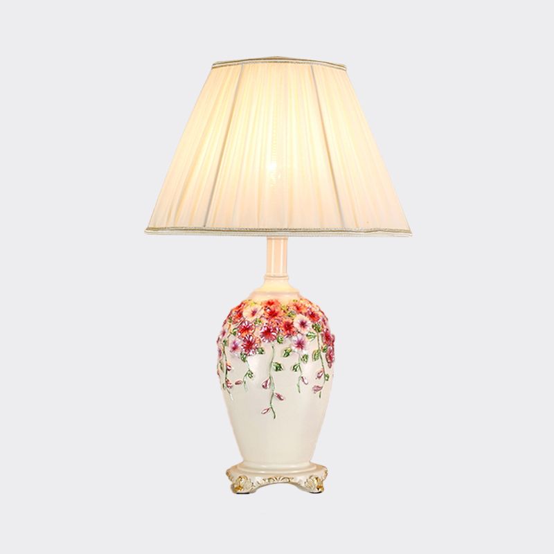 Gathered Fabric Beige/Pink Nightstand Light Conical 1 Light Pastoral Style Table Lamp with Painted Pottery Base