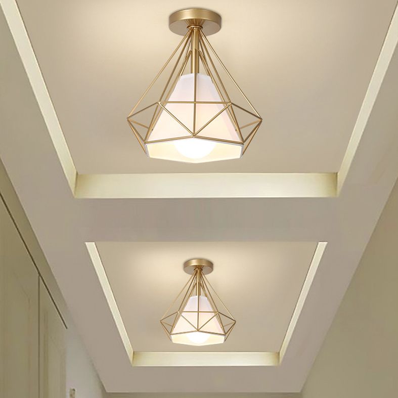 Diamond Cage Semi Flush Mount Light Fixture Industrial Iron Ceiling Mounted Fixture for Corridor