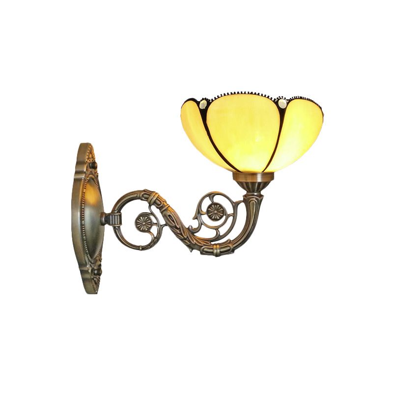 Bronze 1 Light Wall Sconce Light Baroque Beige Glass Scalloped Wall Mounted Lamp with Curved Arm
