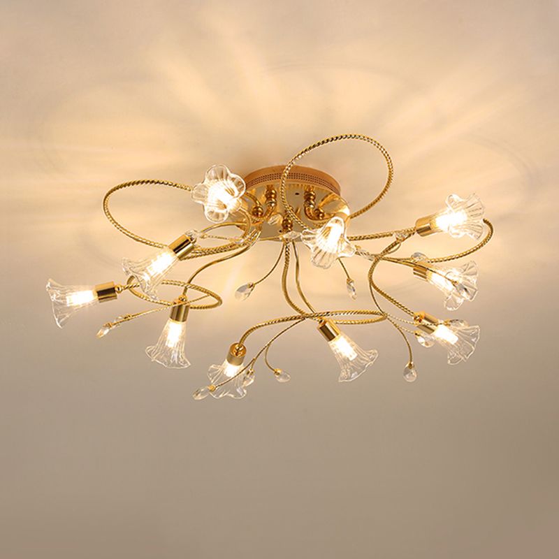 Crystal Floral Semi Flush Mount Modern 10/15 Heads Close to Ceiling Lighting in Gold for Living Room
