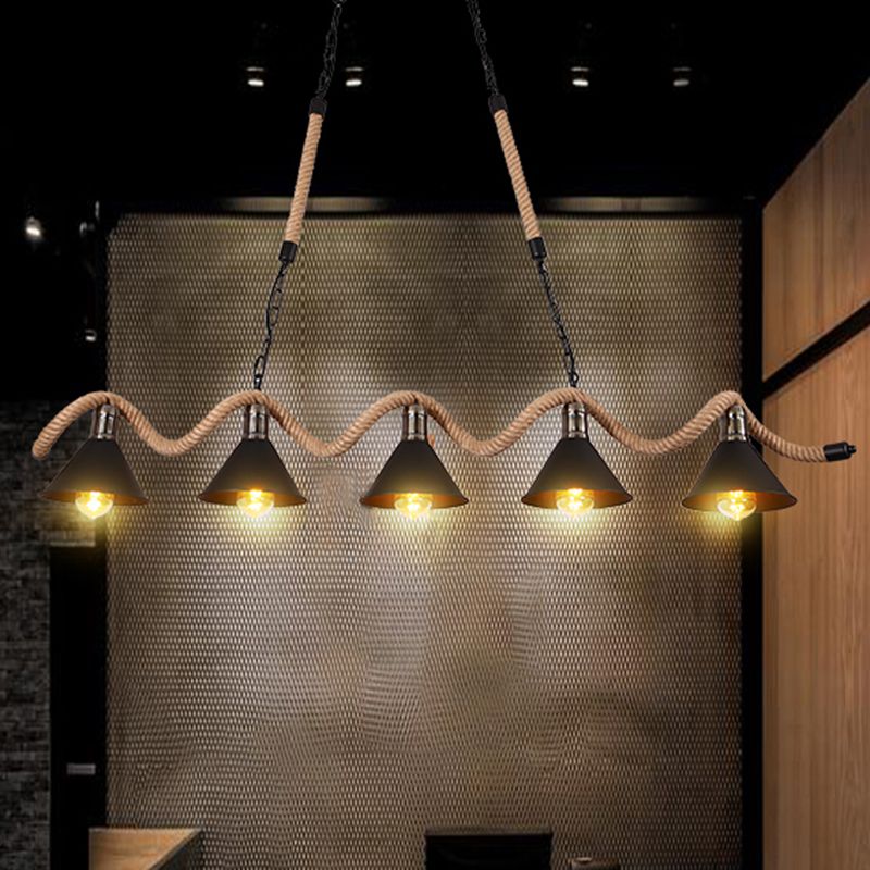 Vintage Shaded Pendant Lighting Iron Hanging Island Light with Hemp Rope in Black