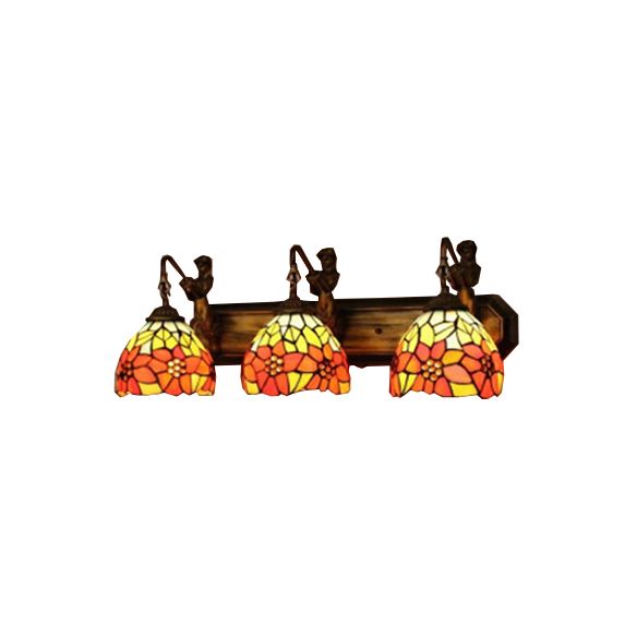 Dome Orange Glass Sconce Light Fixture Victorian 3 Heads Antique Brass Wall Mounted Light with Flower Pattern
