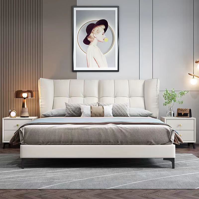 Modern Standard Bed Pine Wood Bed with Upholstered Headboard