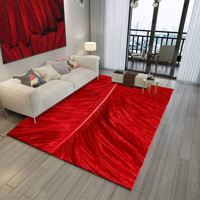 Red Modern Carpet Feather Pattern Polyester Area Rug Stain Resistant Rug for Living Room
