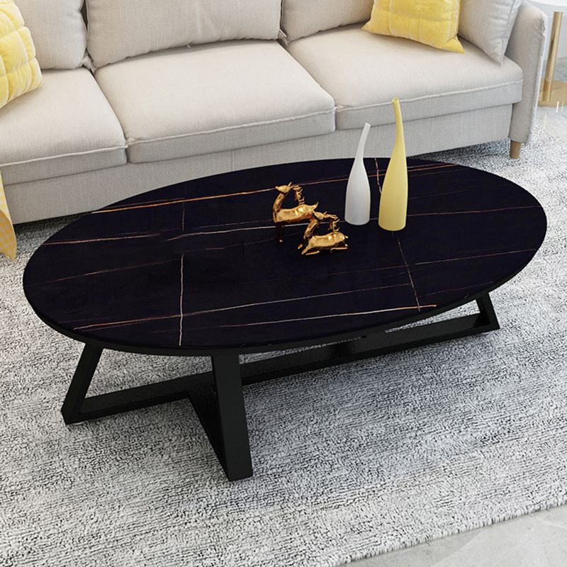 Glam Oval Slate Coffee Table 17.7"H Iron Cross Legs Cocktail Table