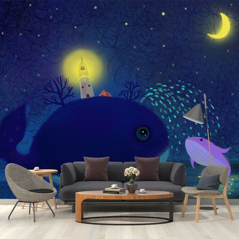 Illustration Childrens Art Mural Blue-Yellow Lighthouse in Whale Under Starry Sky Wall Covering, Custom Made