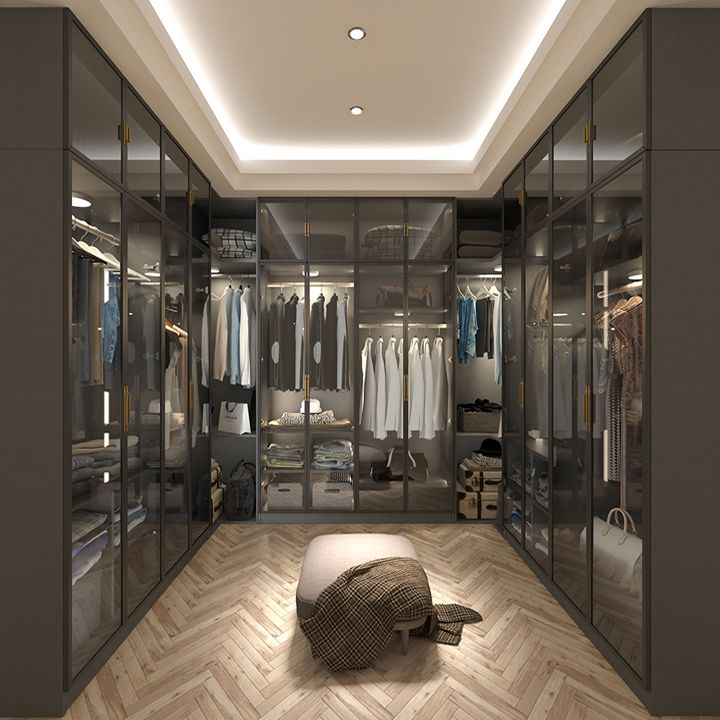 Contemporary Style Glass Wardrobe Grey Colour Wardrobe Closet