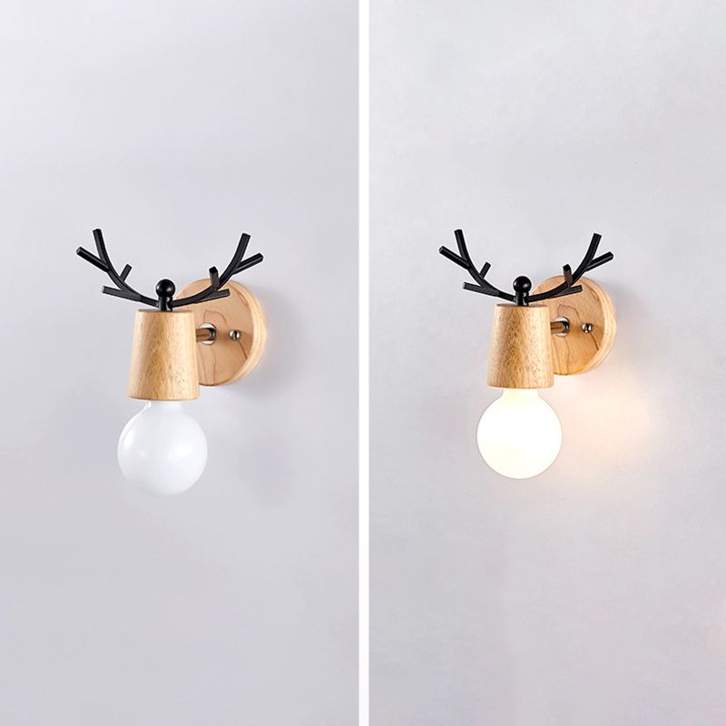 Wooden Wall Lamp in Modern Minimalist Style White Glass Wall Sconce with Antler Decoration