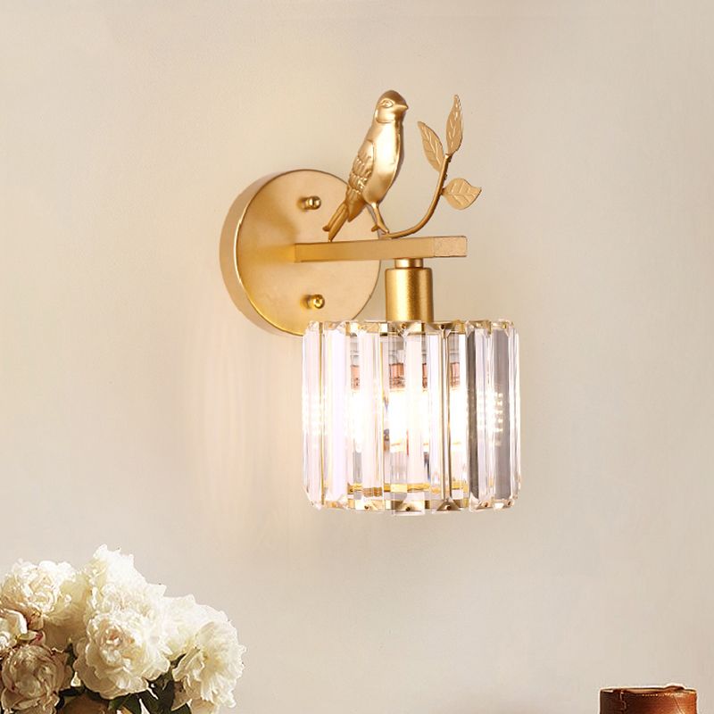 K9 Crystal Cylinder Wall Mounted Lamp Contemporary 1 Bulb Wall Sconce with Bird Accent in Black/Gold