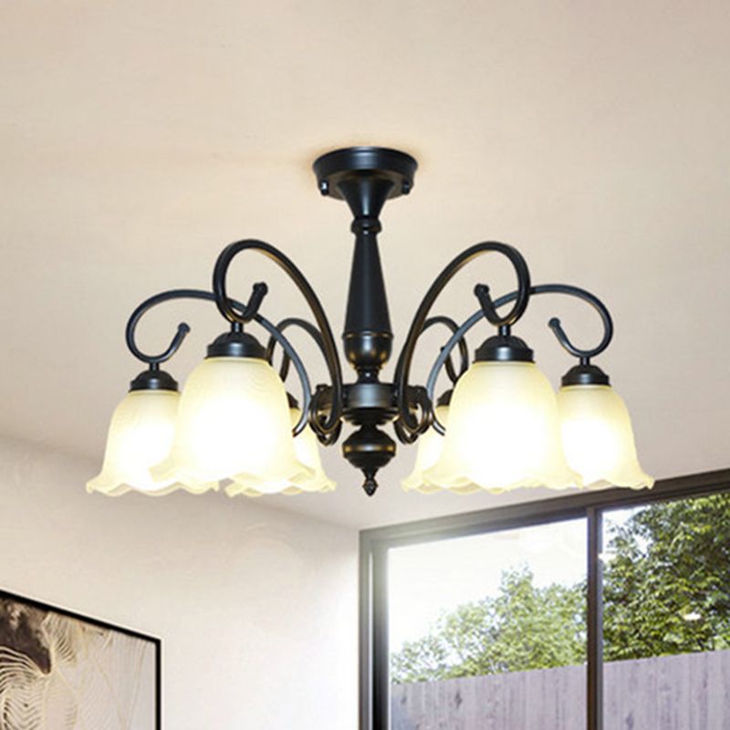 Ruffle Glass Floral Shade Chandelier Pendant Light Vintage Dining Room Hanging Light in Black